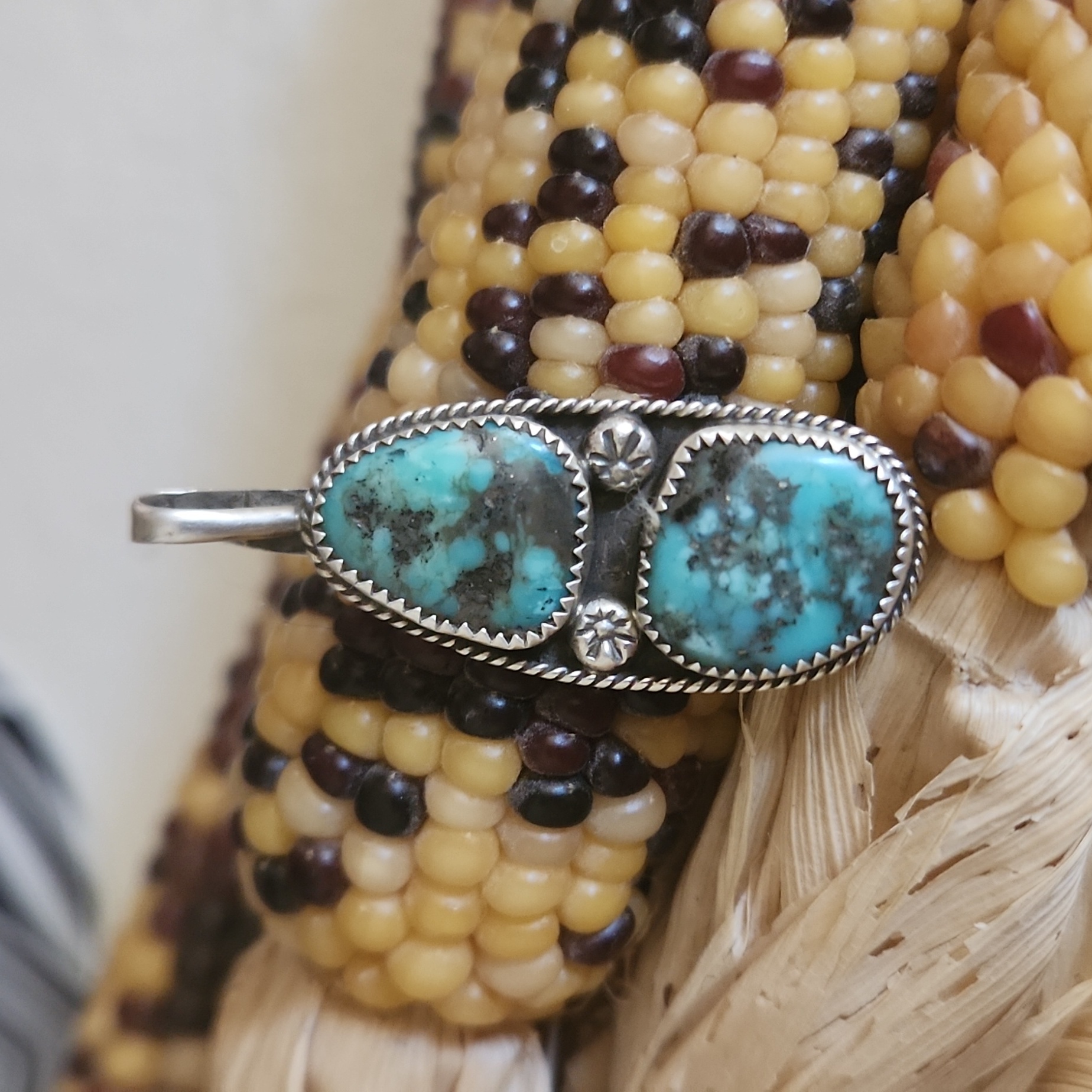 Native American Navajo Handmade Whitewater Turquoise Double Stone Pendant